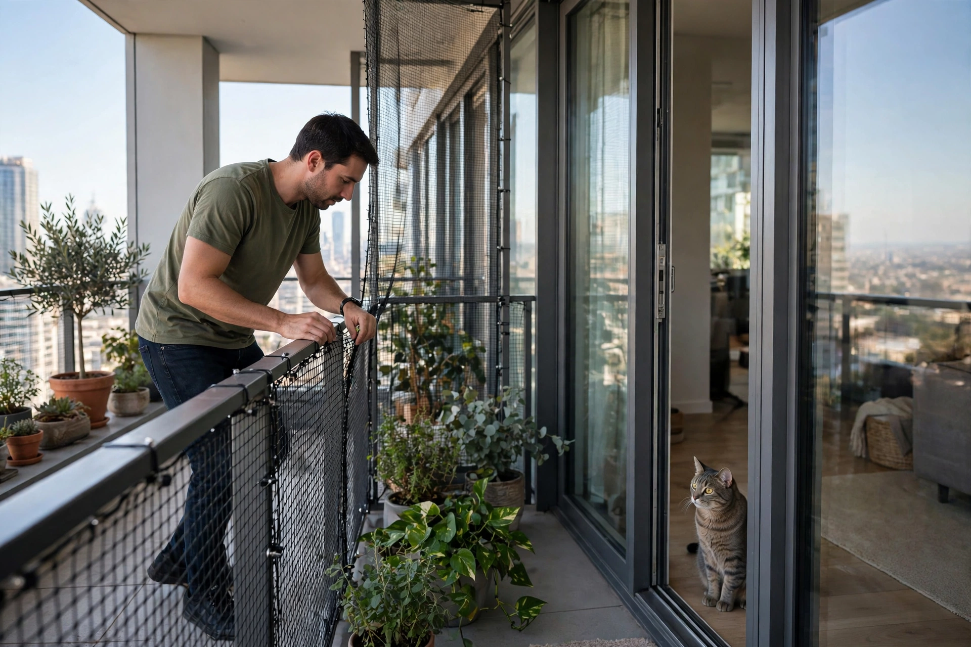 Person checking balcony railing safety netting on a high-rise apartment while a cat watches safely from inside