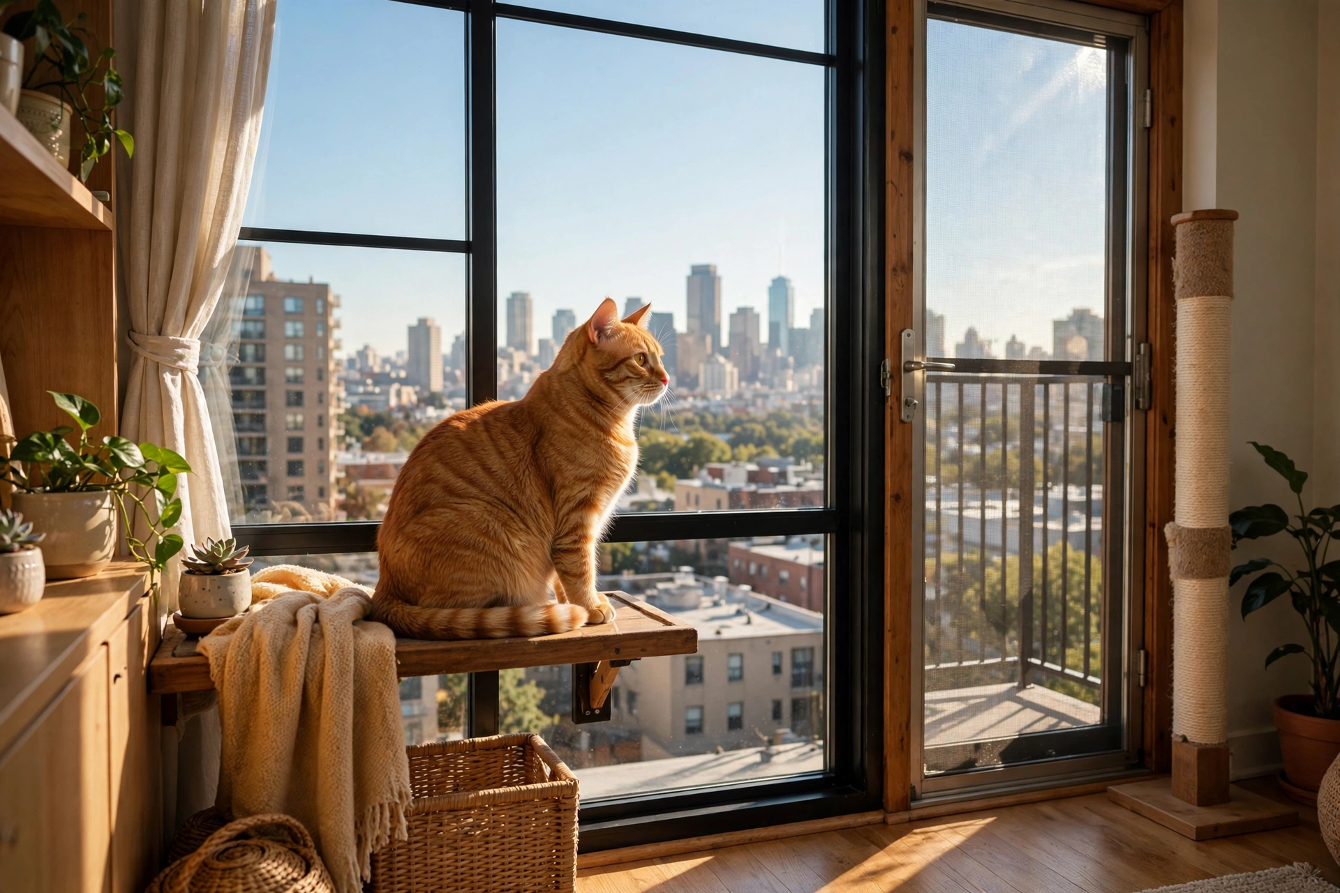 Orange tabby cat sitting on a window perch looking out of an apartment window with secure pet-proof screens
