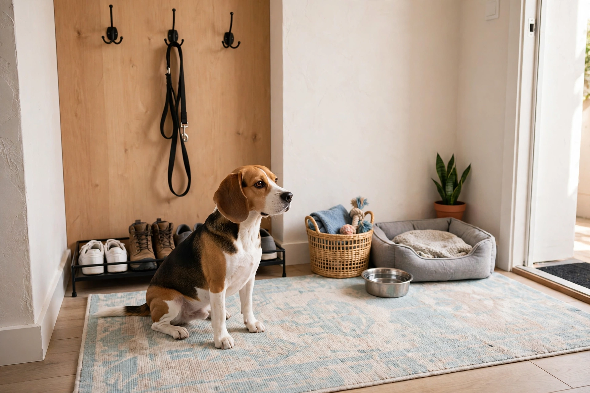 Beagle sitting in a tidy pet-friendly apartment entryway with leash hooks, washable rugs and a dog bed