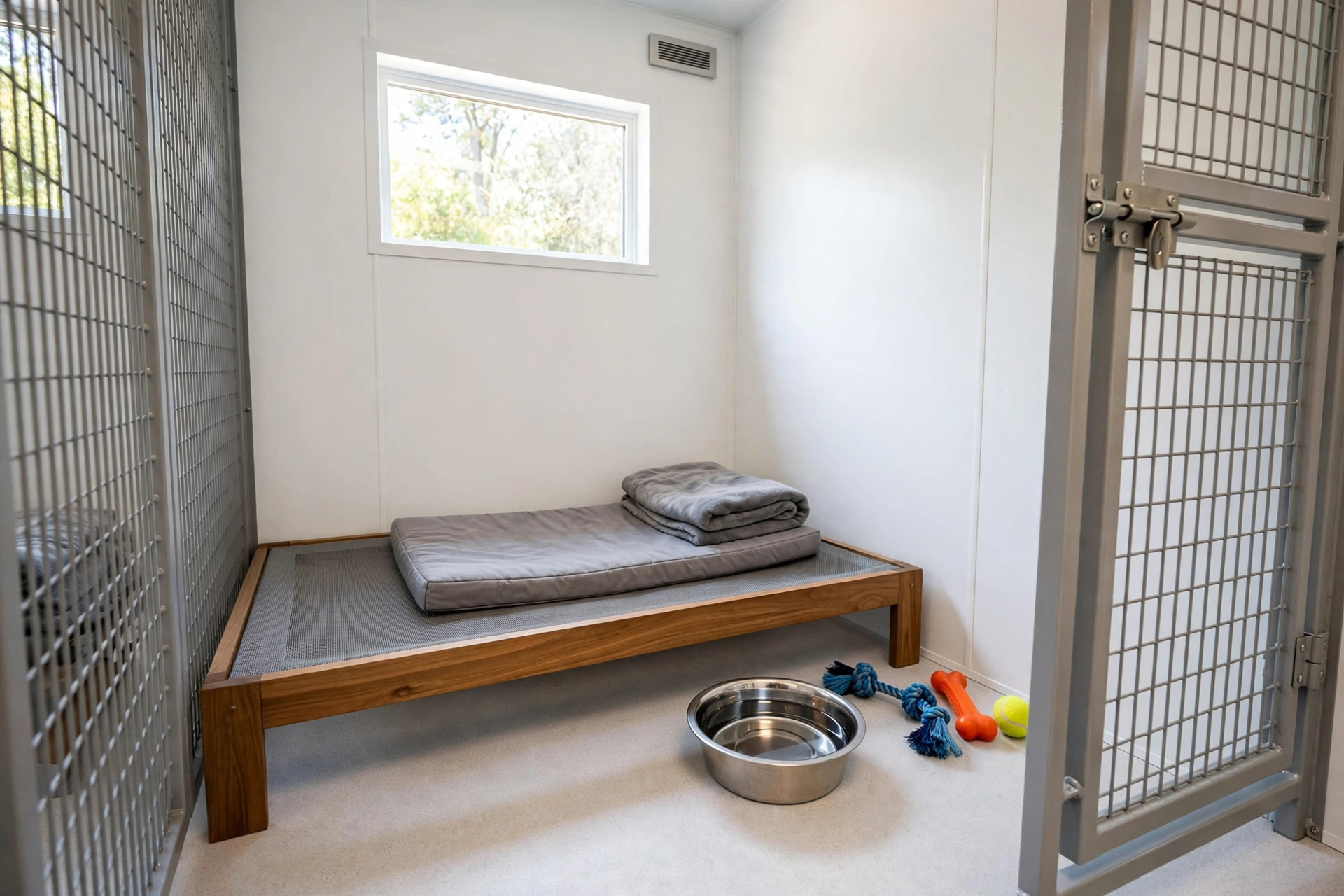 Clean modern dog boarding kennel suite with a raised bed, water bowl and toys