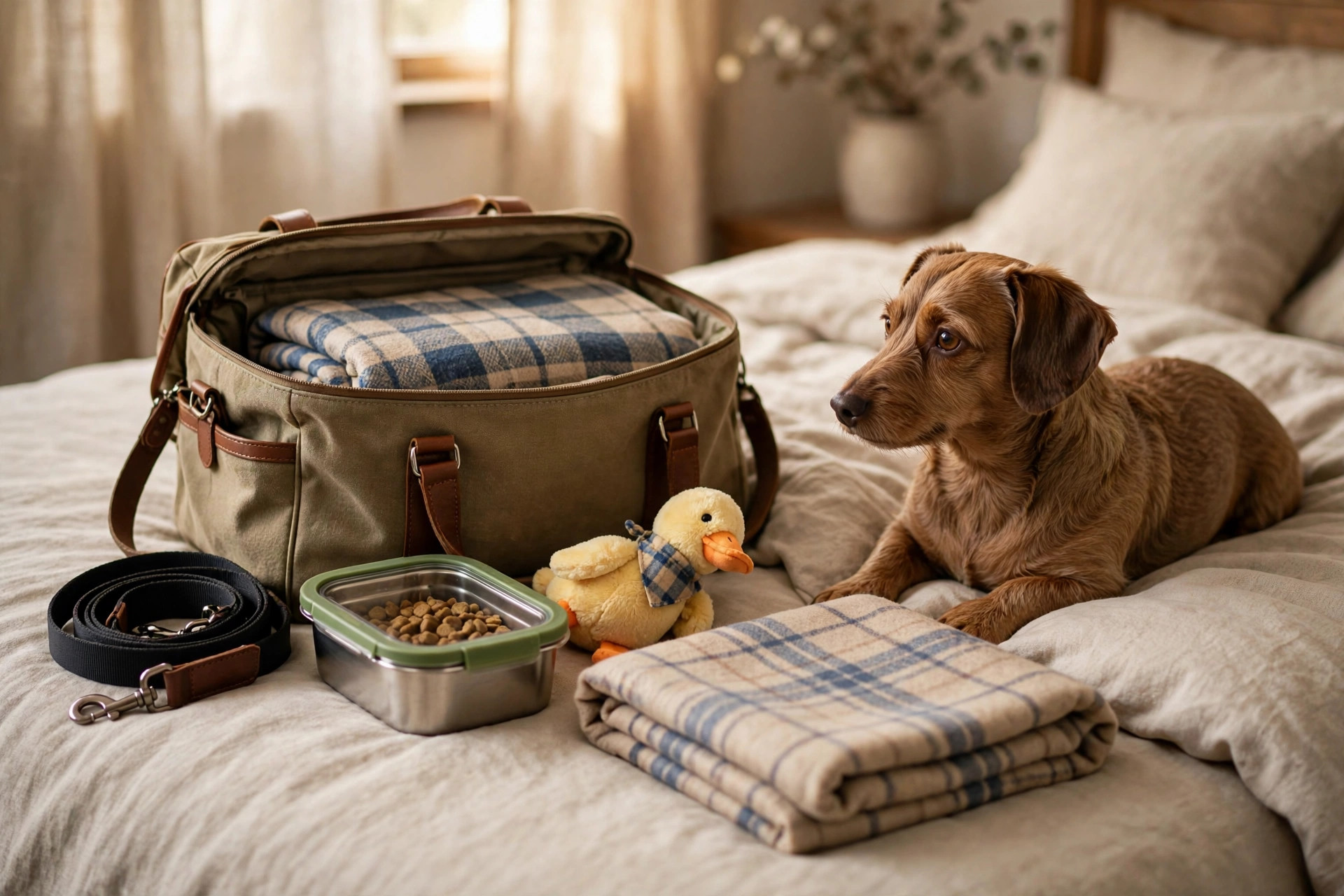 Dog travel bag packed with leash, food container, toy and blanket ready for a boarding stay
