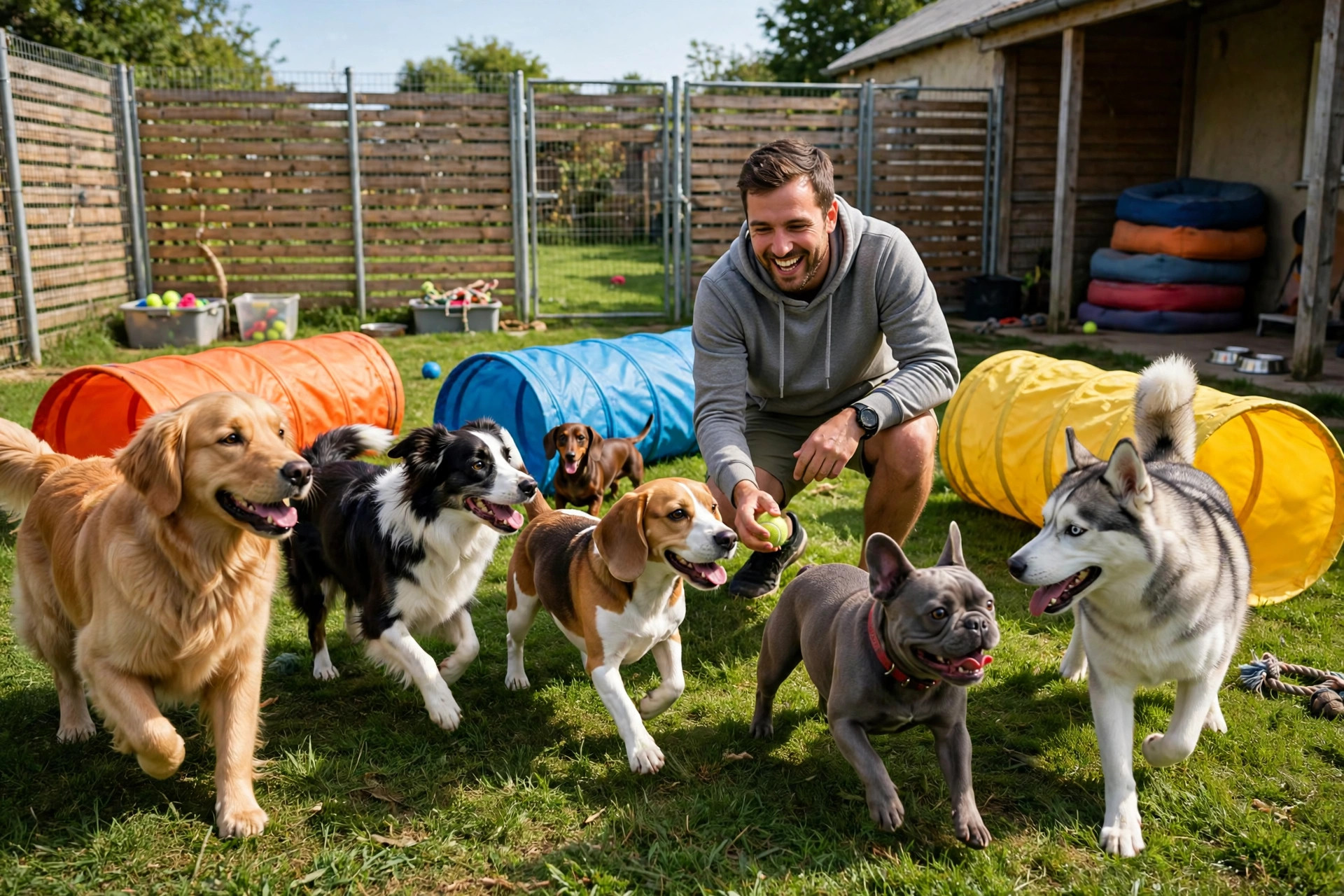 Happy dogs playing together with a caretaker in a sunny fenced play yard at a boarding facility
