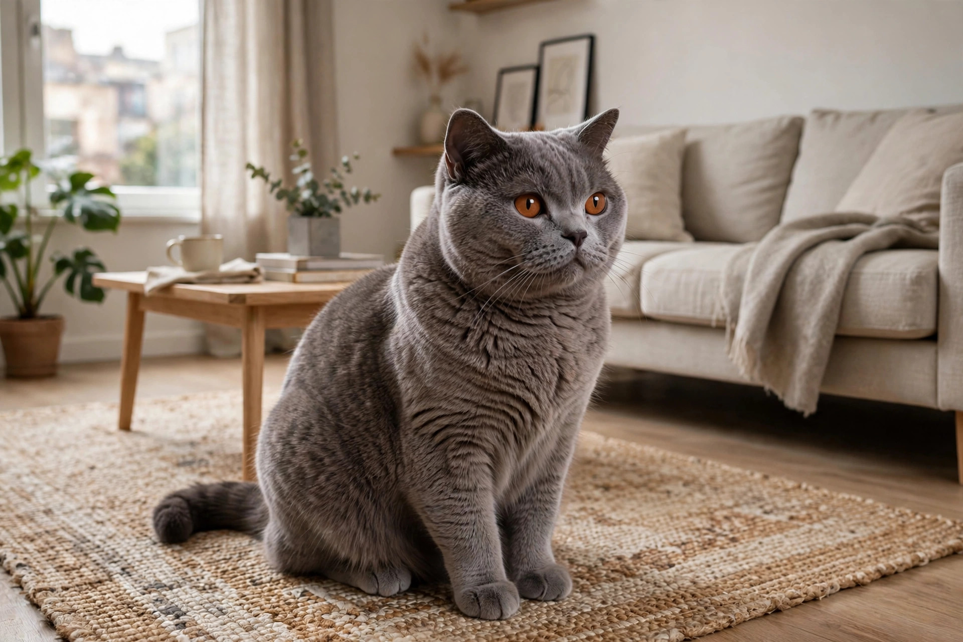 British Shorthair cat sitting calmly on a rug in a cozy apartment living room