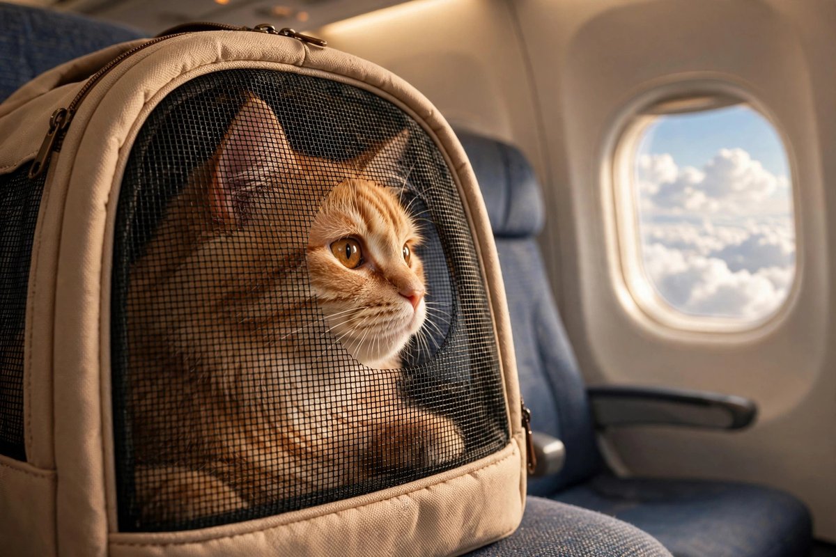 Cat looking through the mesh of its travel carrier at an airplane window seat with clouds outside