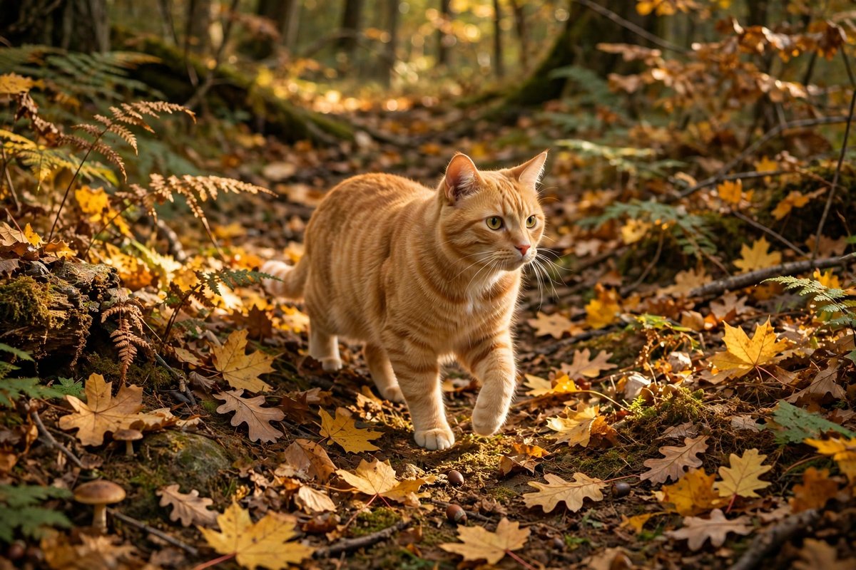 Ginger cat walking through golden autumn leaves in a forest