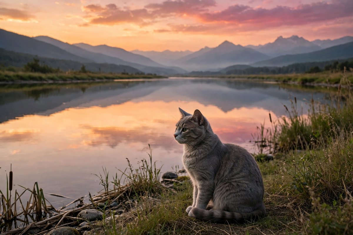Grey cat sitting on a riverbank at sunset with mountains in the distance
