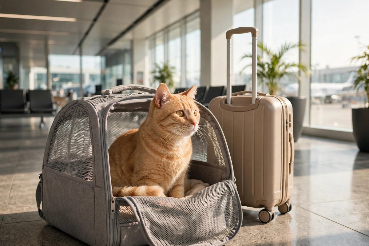 Cat in a soft mesh travel carrier beside a suitcase at a modern airport terminal