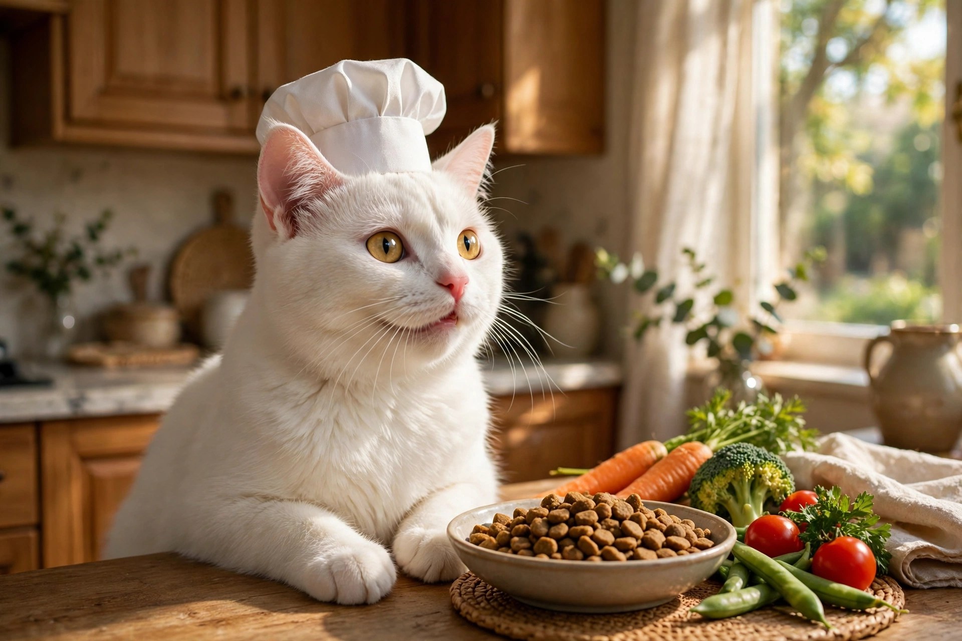 White cat wearing a tiny chef hat in a sunny kitchen next to a bowl of kibble
