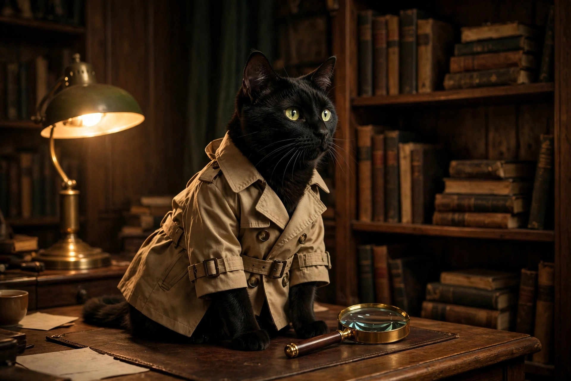 Black cat in a detective trench coat in a vintage study, mystery movie theme