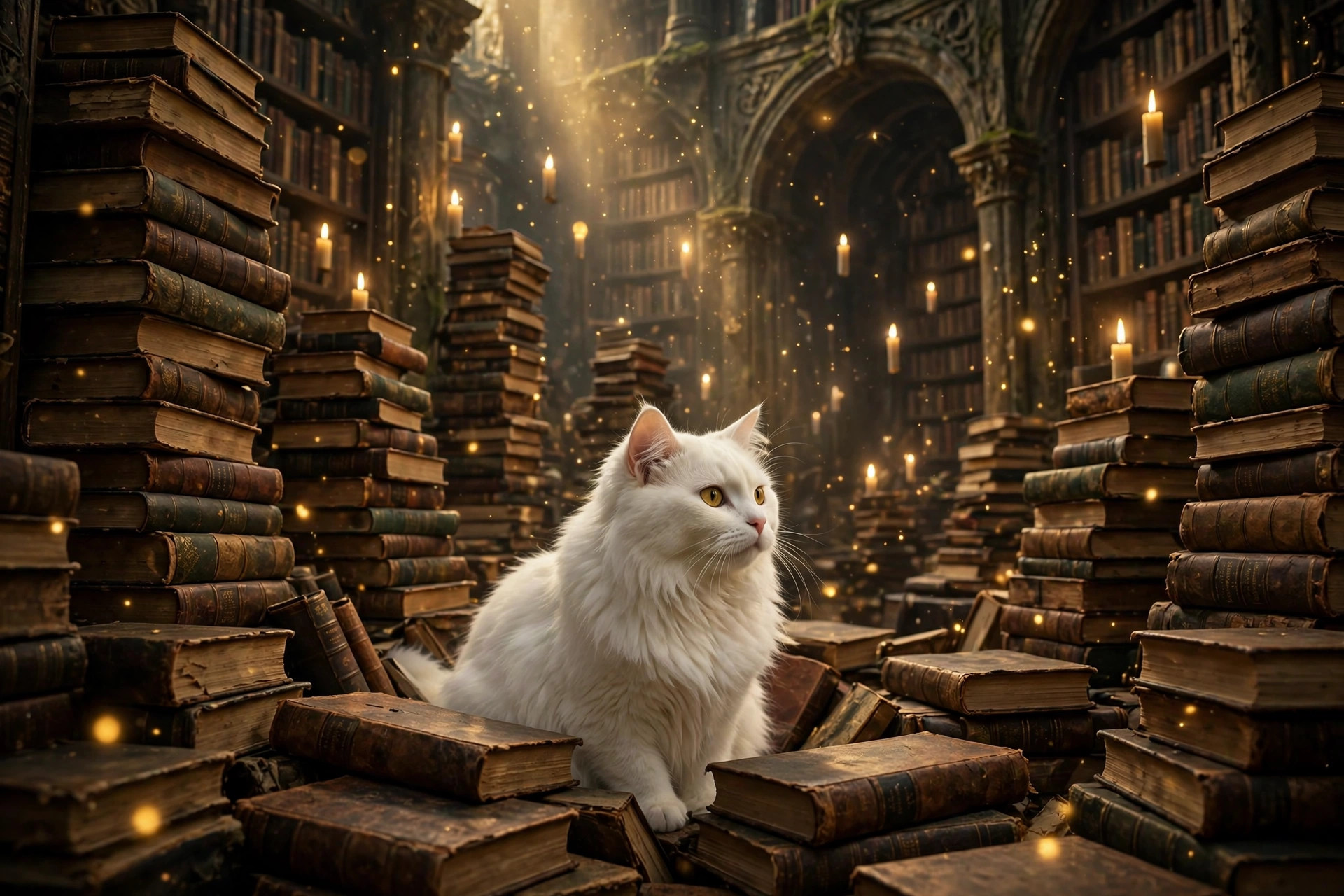Fluffy white cat in a magical glowing library with floating candles, fantasy film inspiration