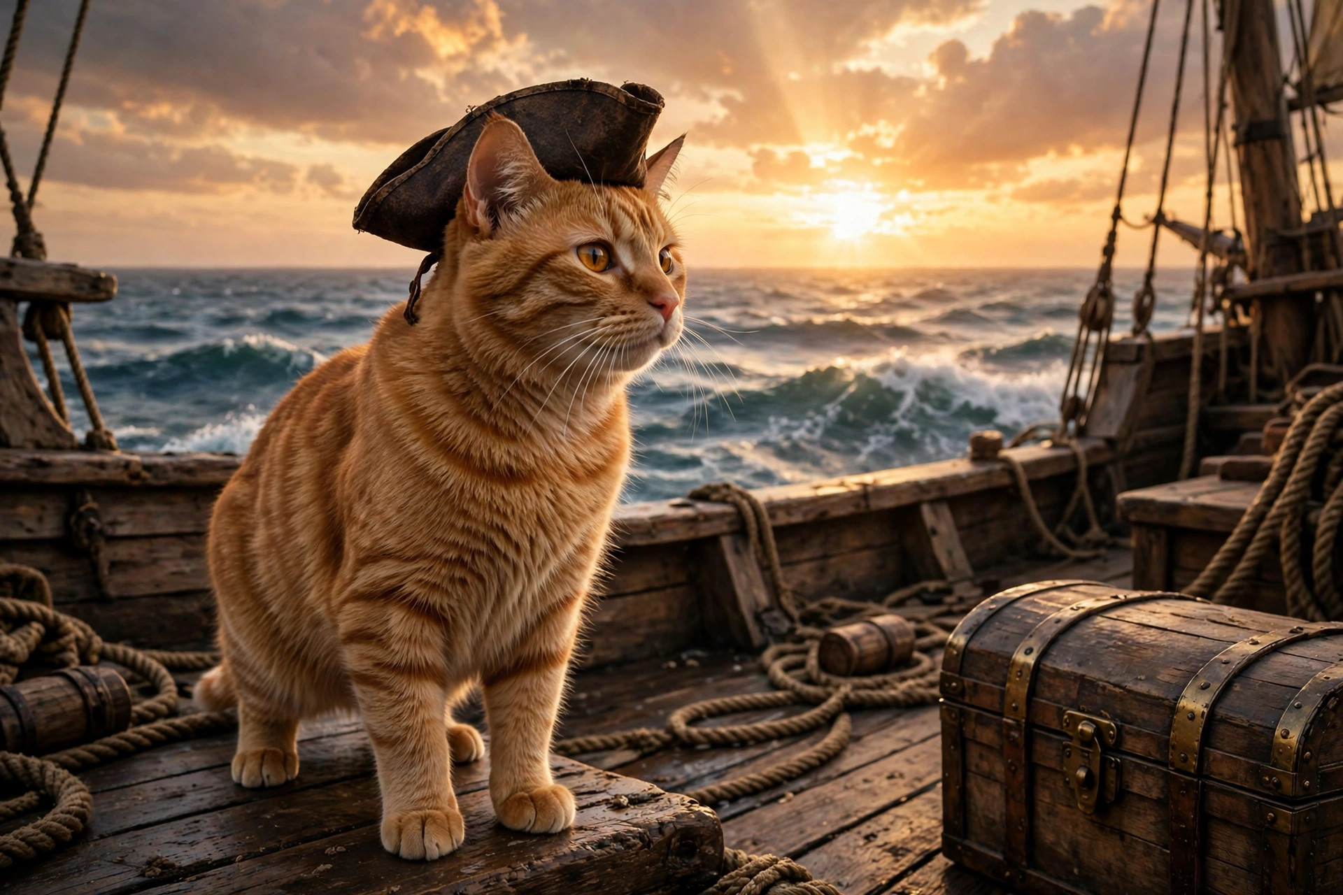 Ginger cat wearing a pirate hat on a ship deck at sunset, movie adventure inspiration