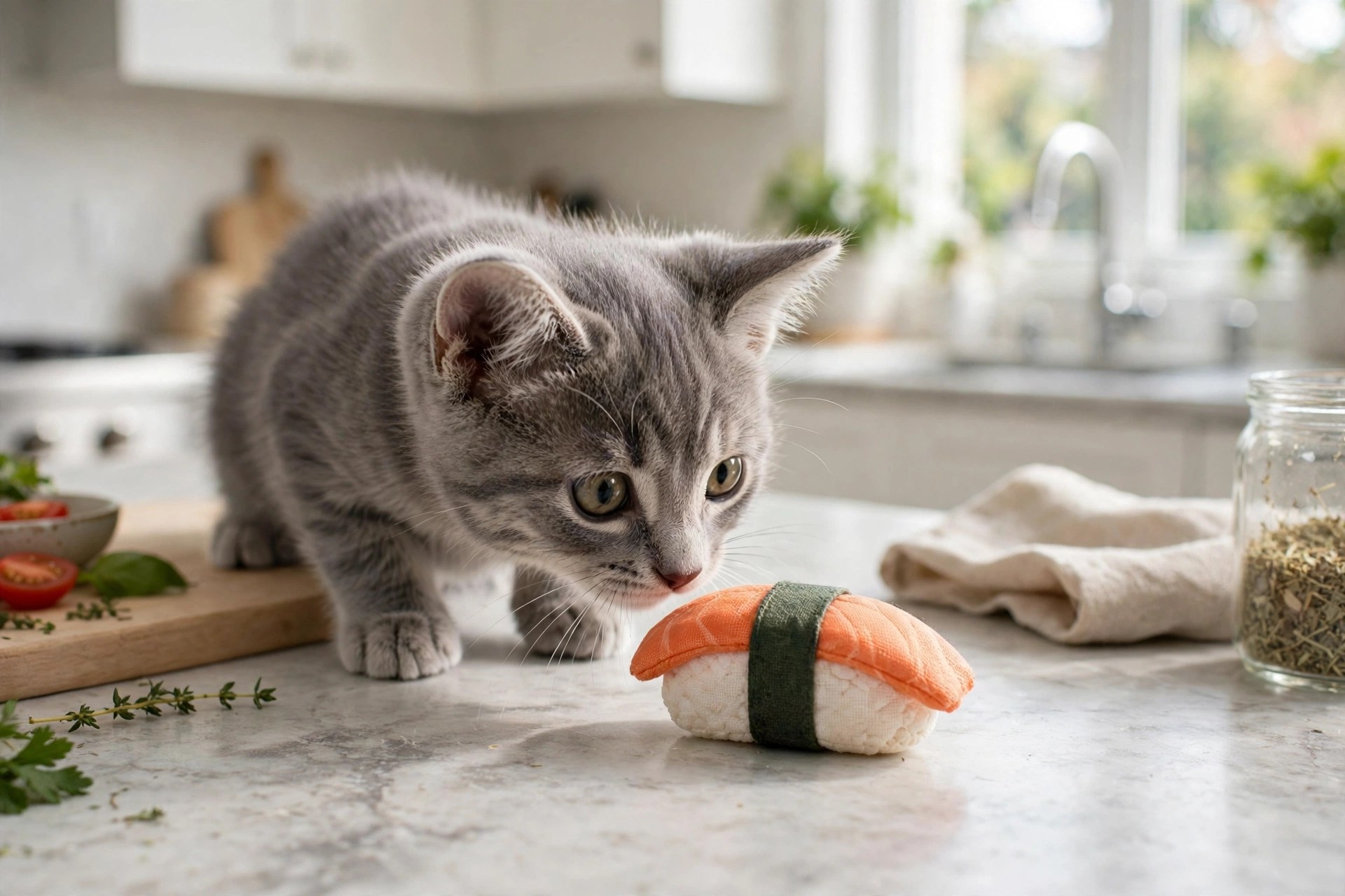 Grey cat sniffing a sushi-shaped cat toy on a kitchen counter