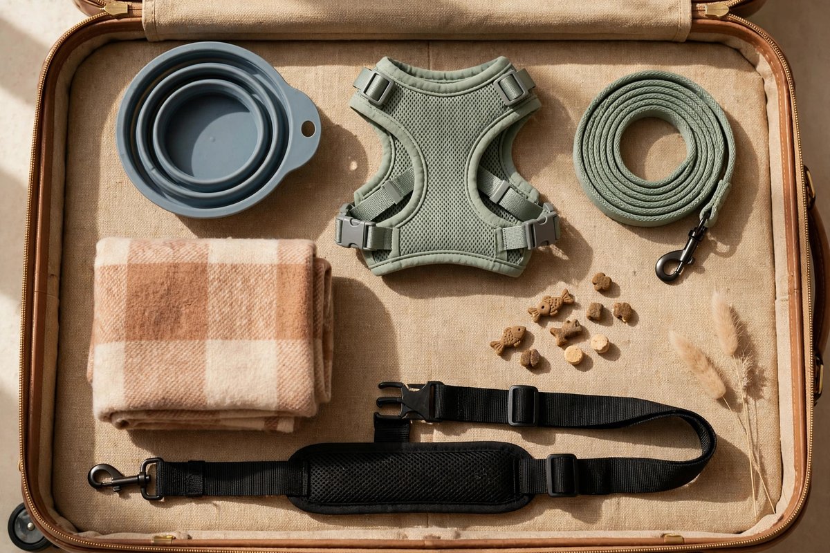 Flat lay of cat travel essentials including a collapsible water bowl, harness and leash, blanket, and treats on a suitcase