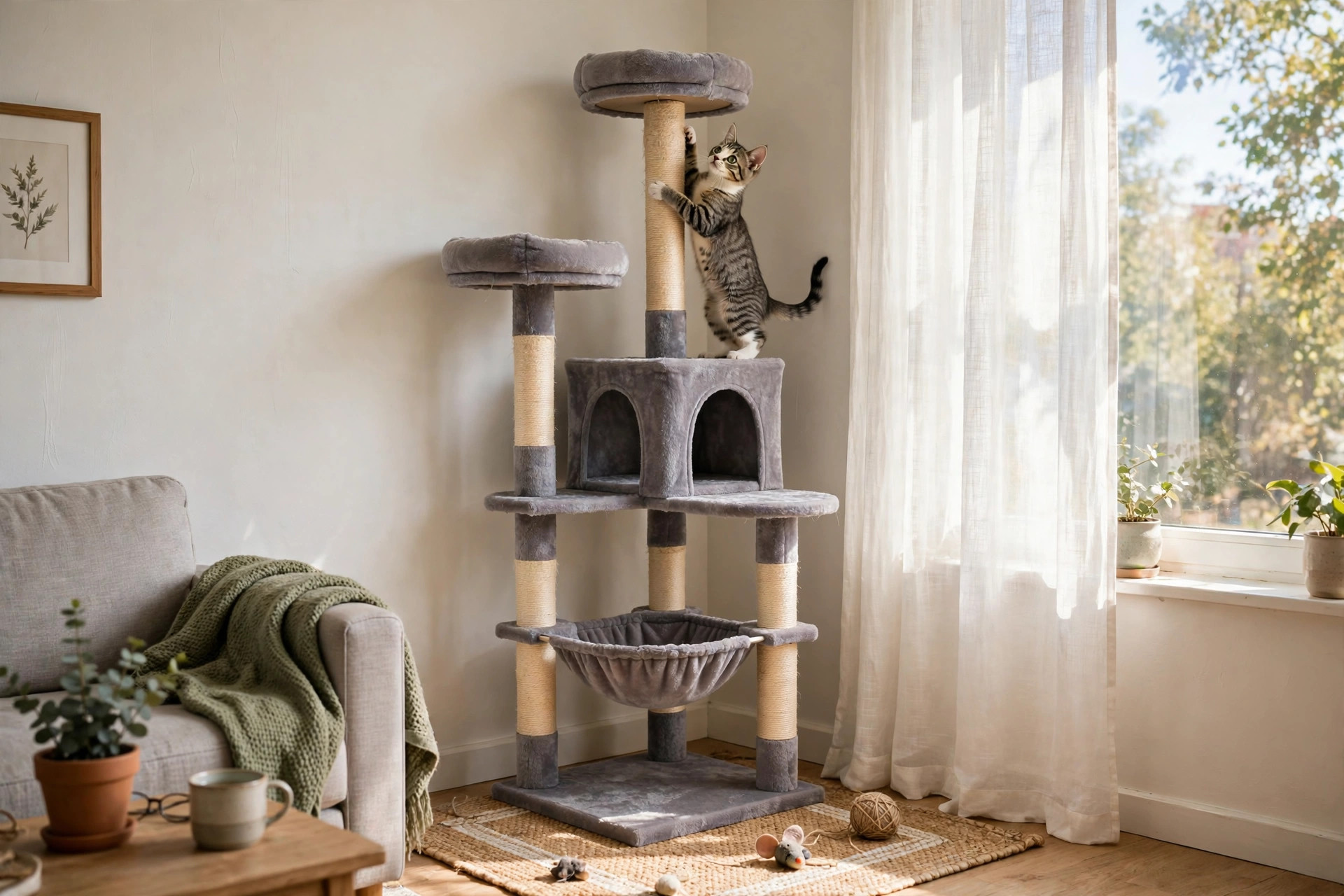 Cat tree with perches and scratching posts in a small apartment corner with a cat climbing