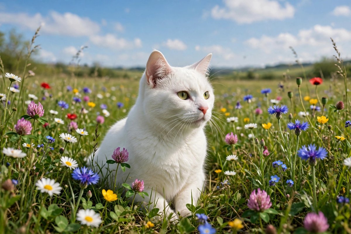 White cat sitting in a meadow of colourful wildflowers under a blue sky
