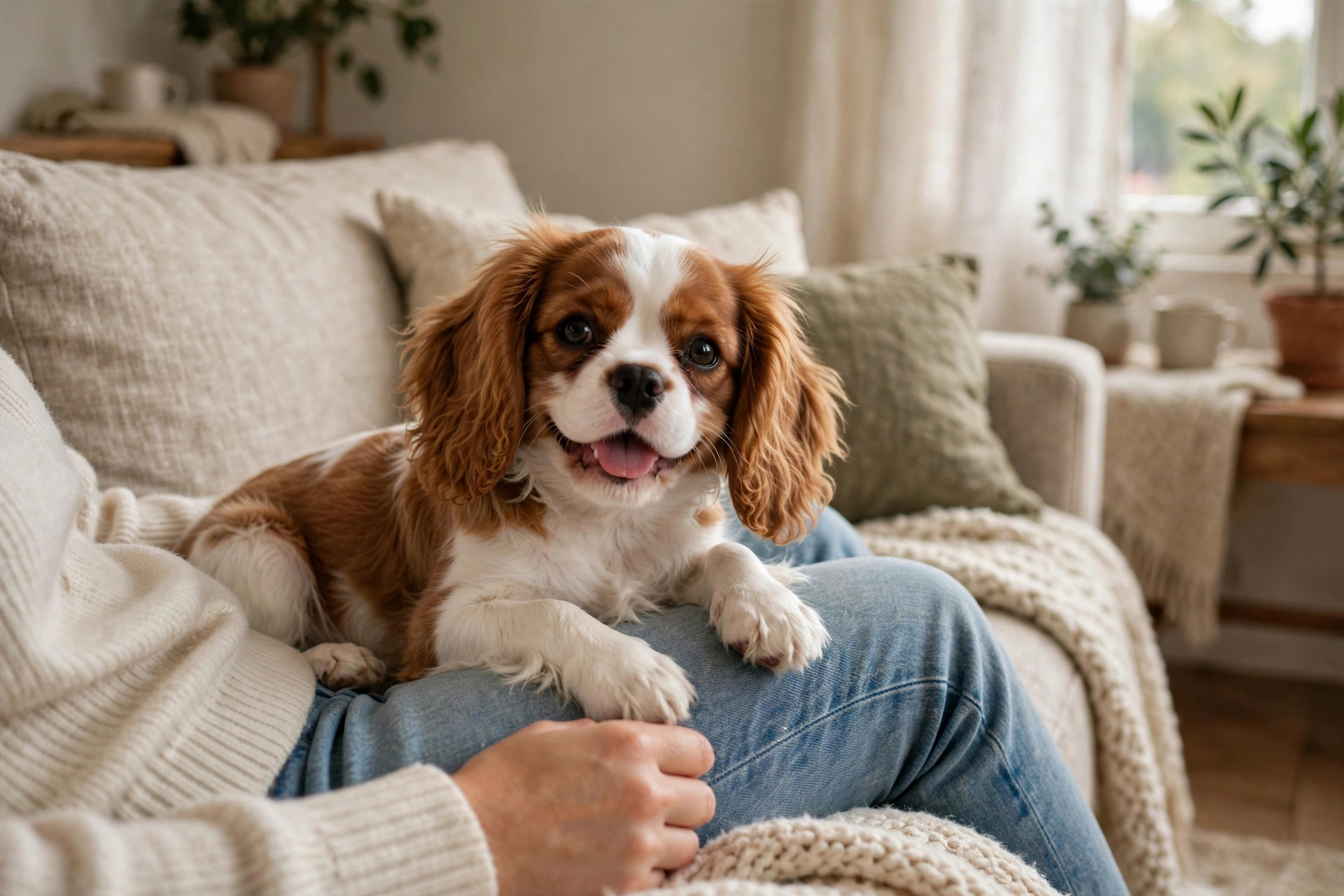 Smiling Cavalier King Charles Spaniel puppy resting on a person's lap in a cozy living room