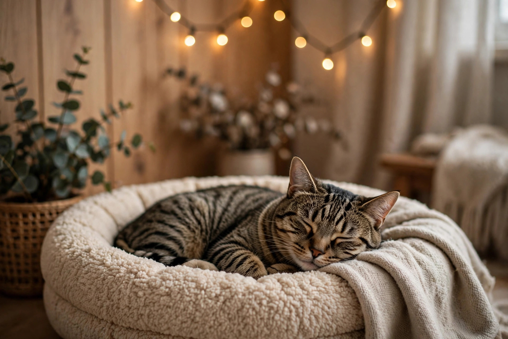Tabby cat resting peacefully in a cozy quiet pet bed with soft holiday lights in the background