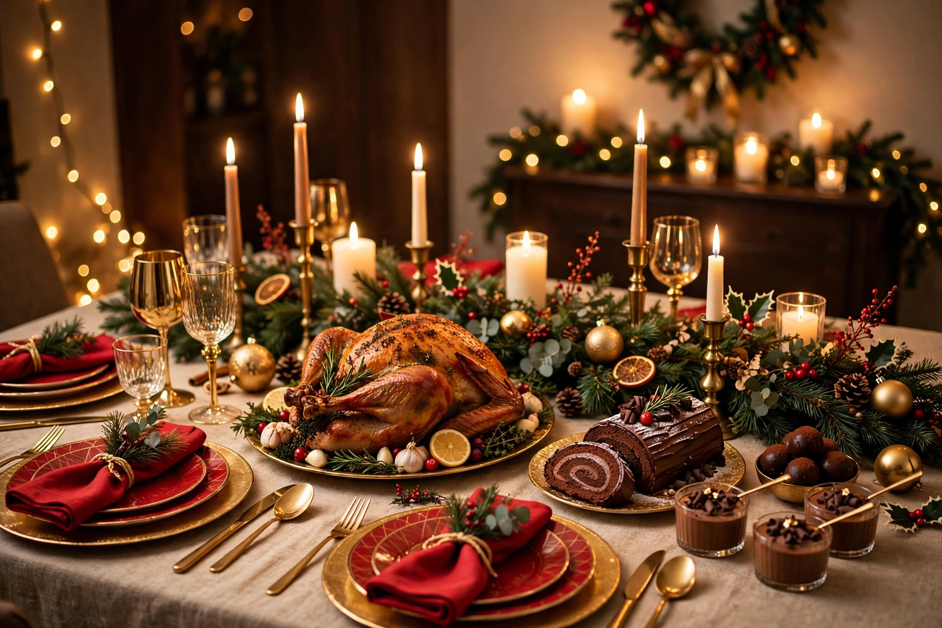 Christmas dinner table with turkey, chocolate desserts, and candles — foods that pets should not be able to reach