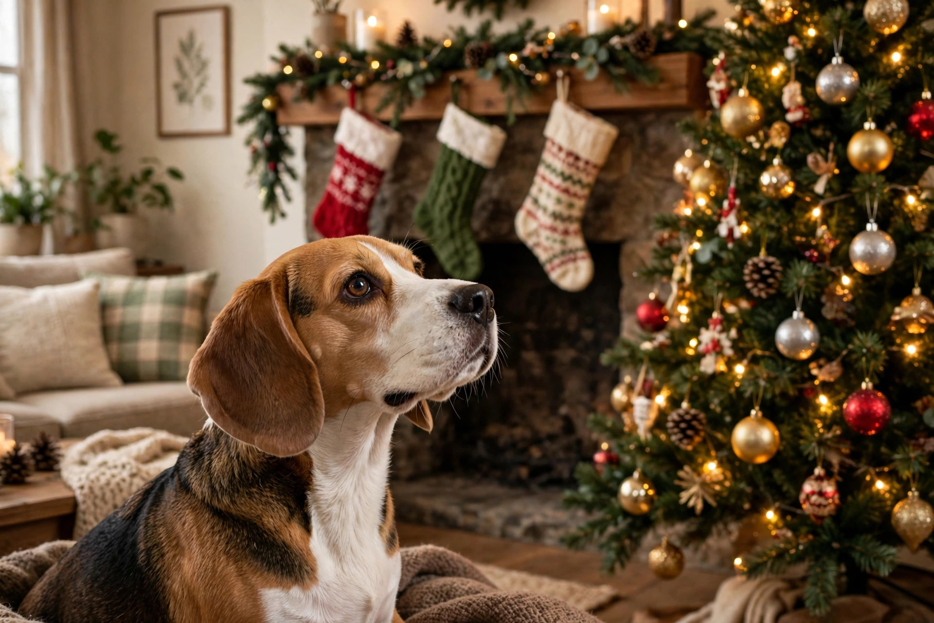 Curious beagle looking at Christmas tree decorations, ornaments, and baubles in a living room
