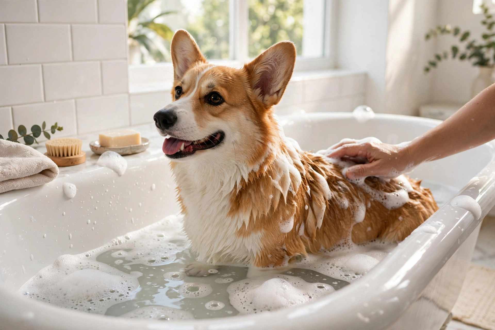 Corgi enjoying a bath with gentle foam during a dog grooming session