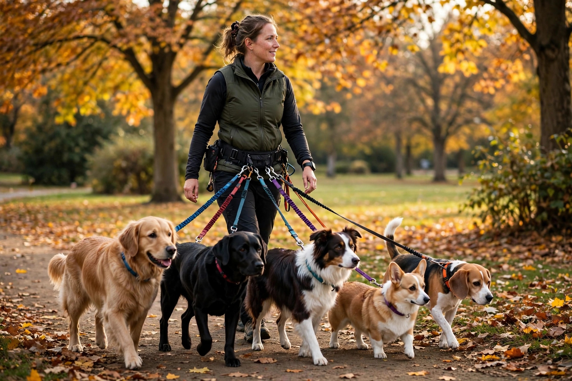 Professional dog walker walking a small group of dogs together in a park