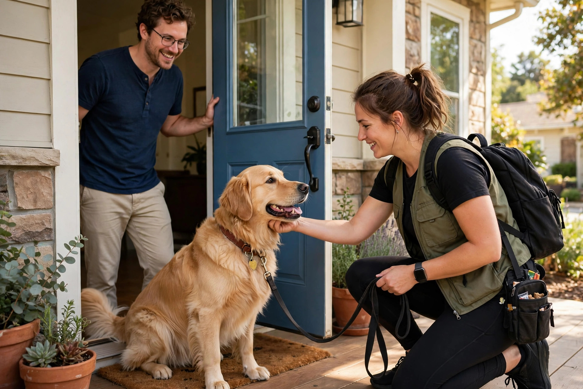 Dog owner meeting a professional dog walker at the front door with a friendly golden retriever