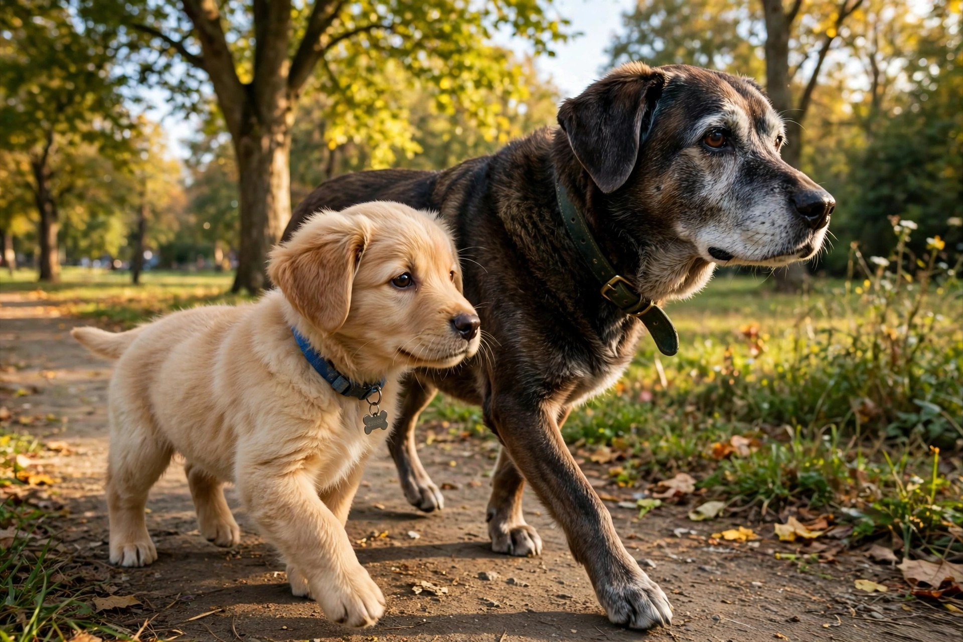 A golden retriever puppy walking beside a grey-muzzled senior dog in a sunny park