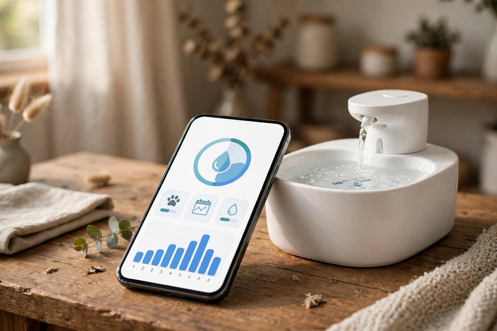 Smartphone showing a pet hydration tracking app dashboard beside a white cordless cat water fountain