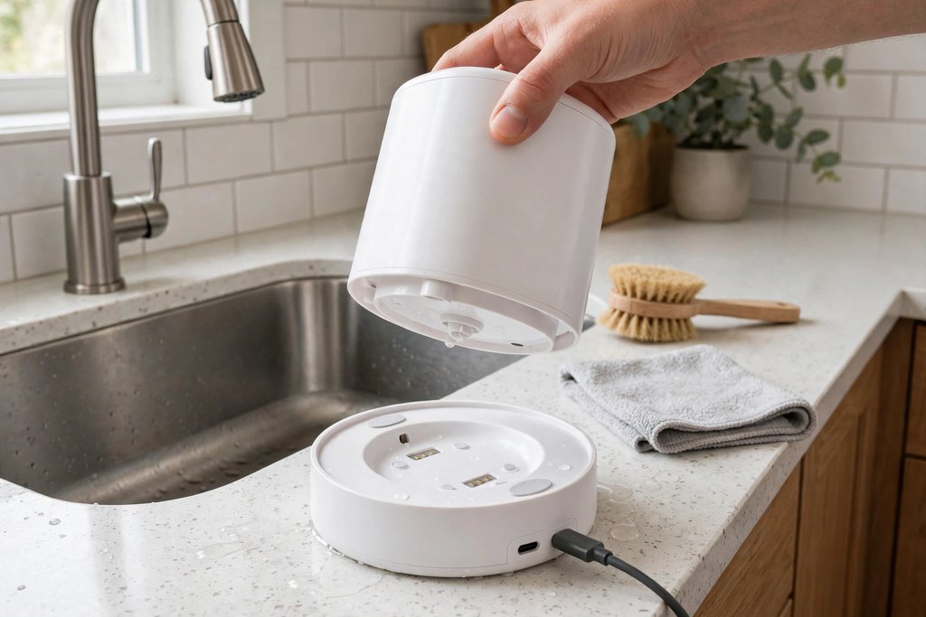 Hand lifting a cordless pet water fountain tank off its charging base near a kitchen sink for cleaning
