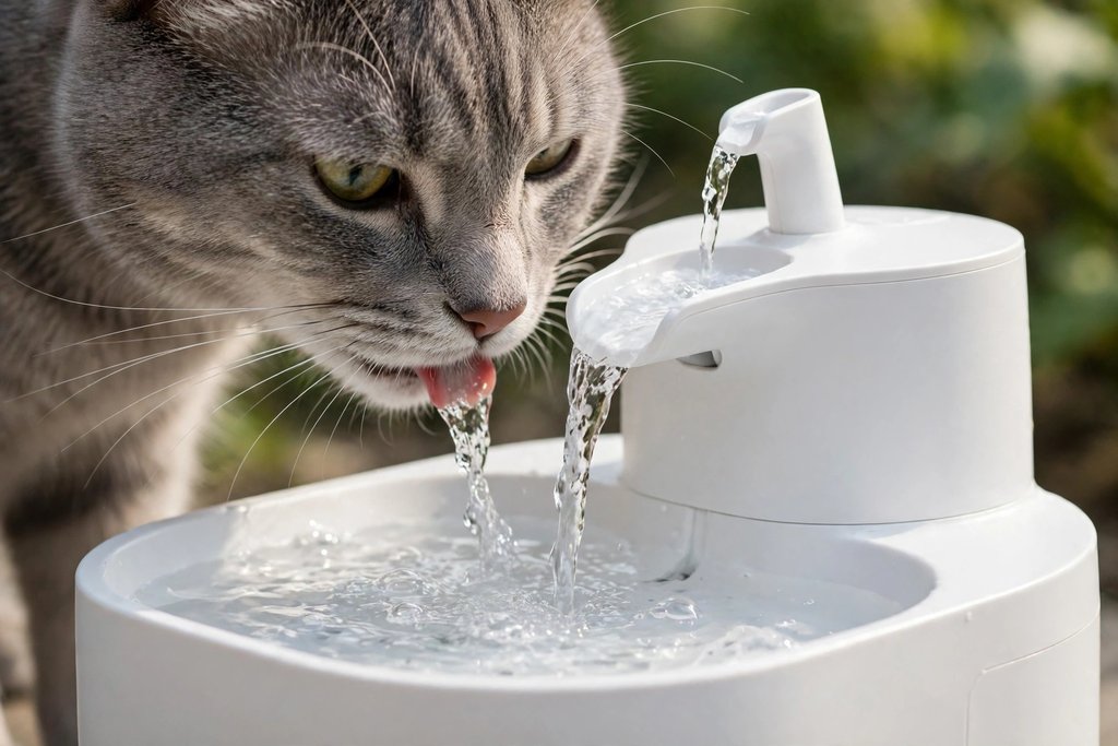 Grey cat drinking from the flowing stream of a PETKIT Eversweet Max cordless pet water fountain