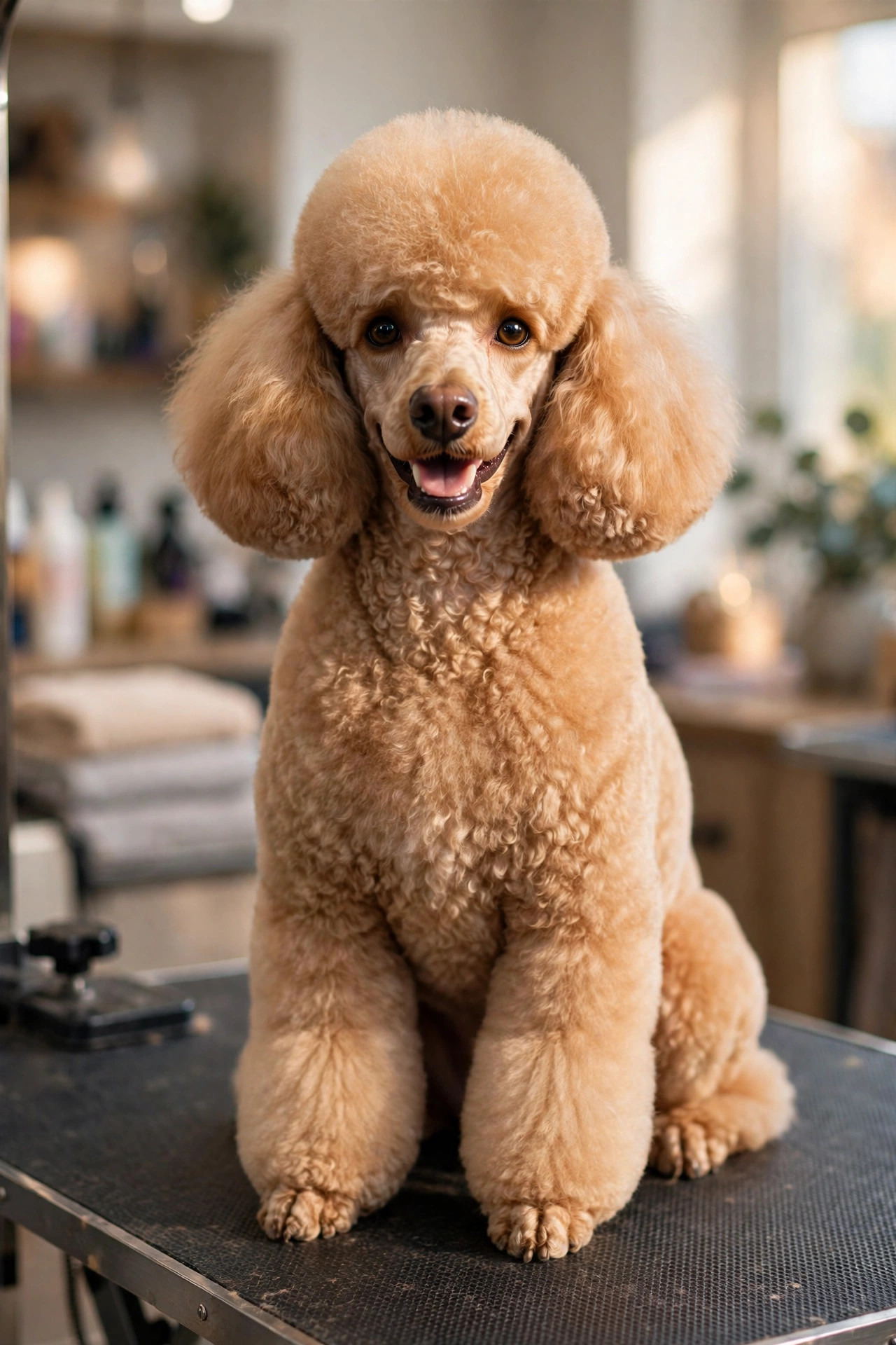 Freshly groomed poodle with a neat fluffy haircut sitting on a grooming table