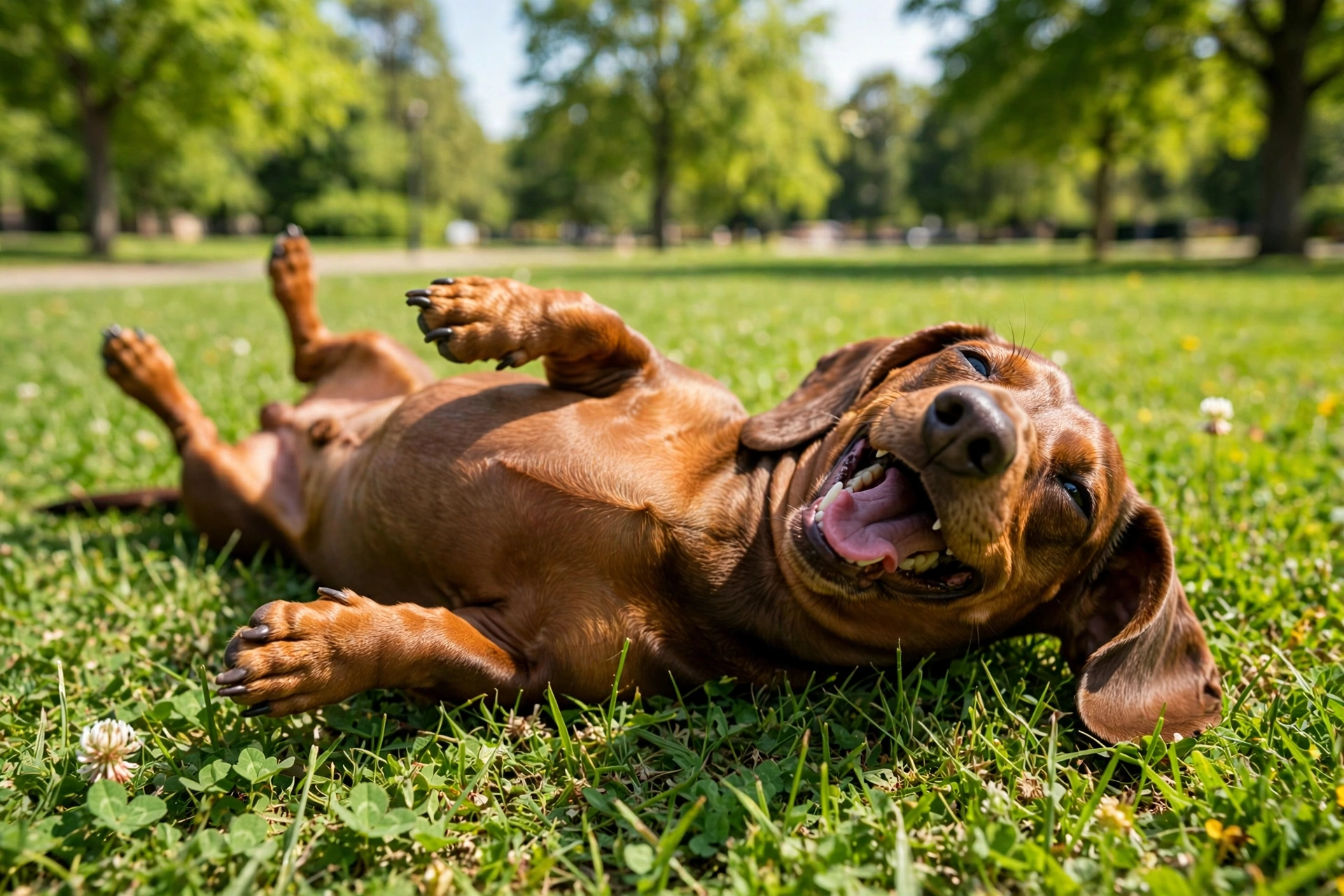A brown dachshund lying on its back on the grass, laughing with a big joyful smile
