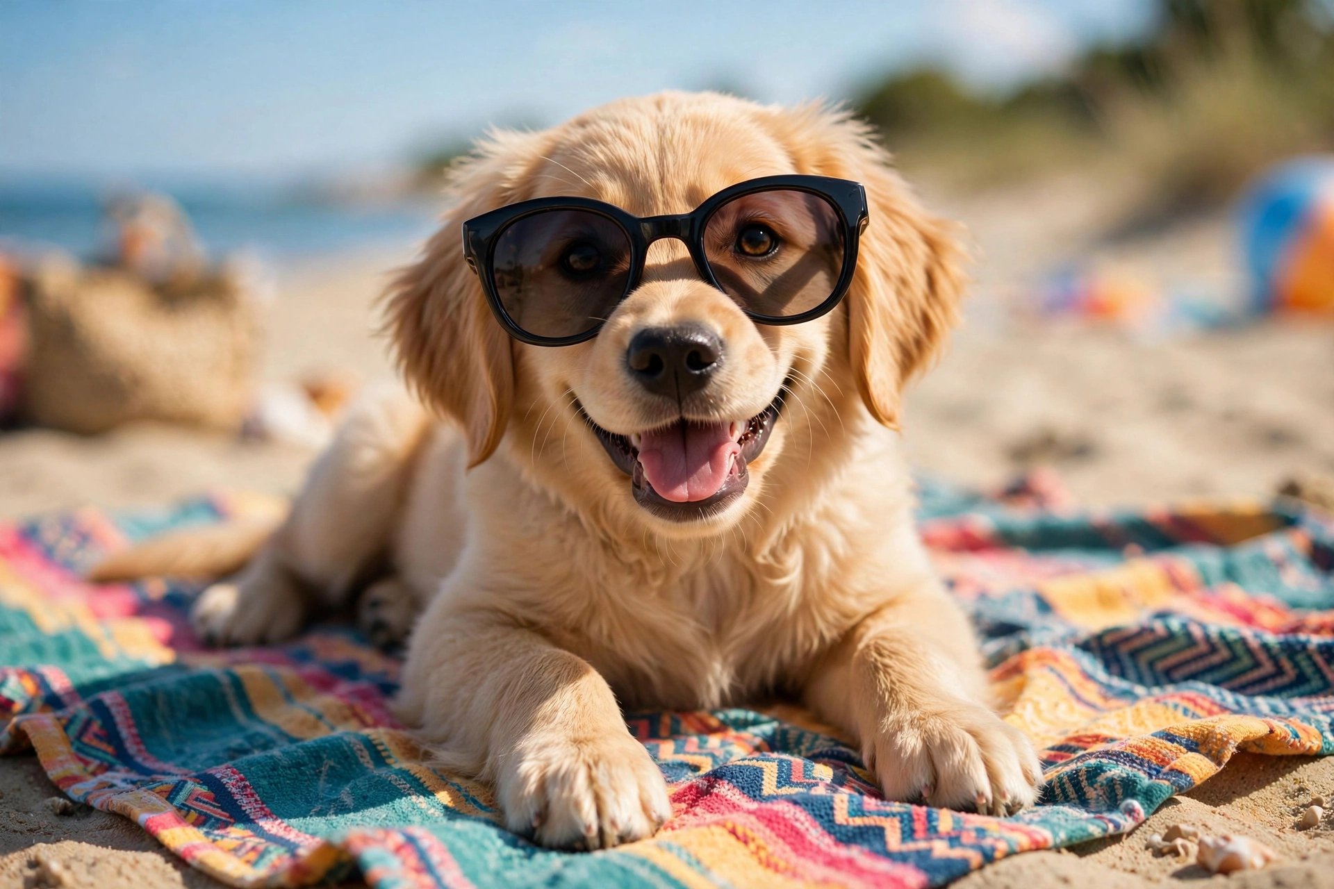 A playful golden retriever puppy wearing oversized sunglasses, grinning like a star