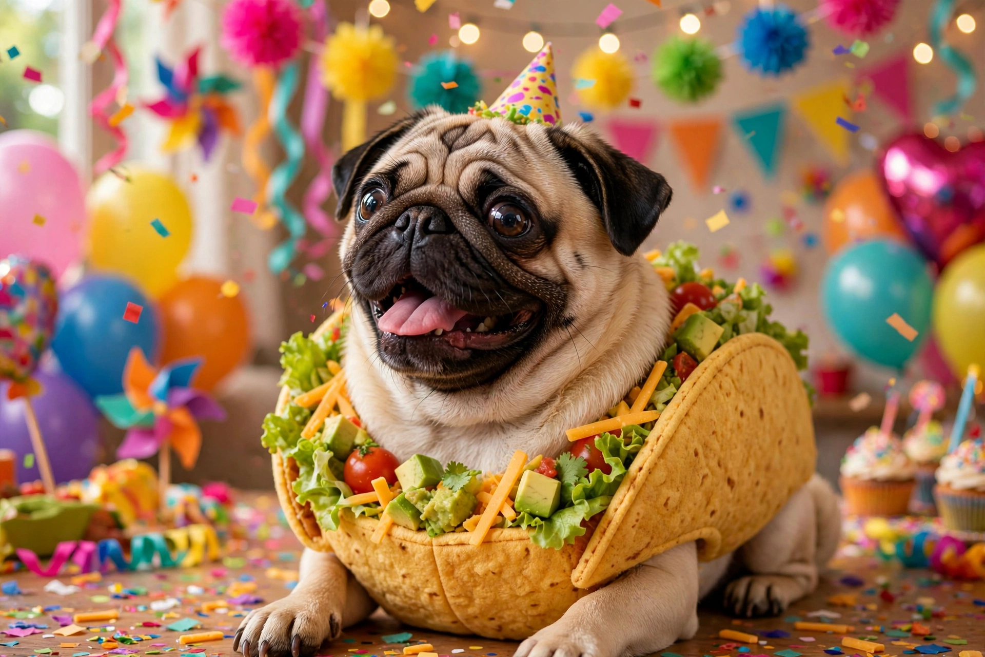 A happy pug dressed in a tiny taco costume at a party