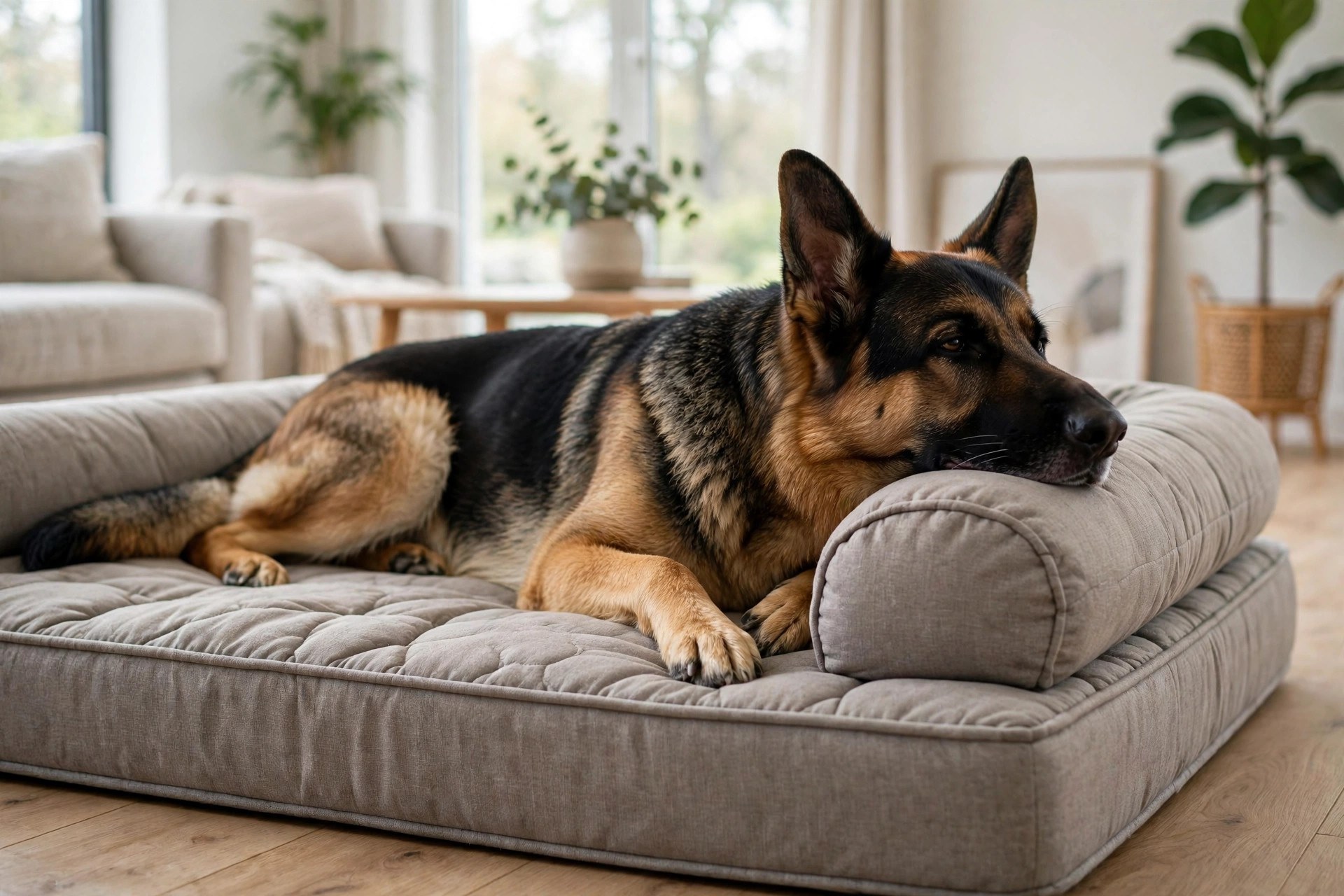 Large German Shepherd resting its head on the bolster of a thick orthopedic dog bed