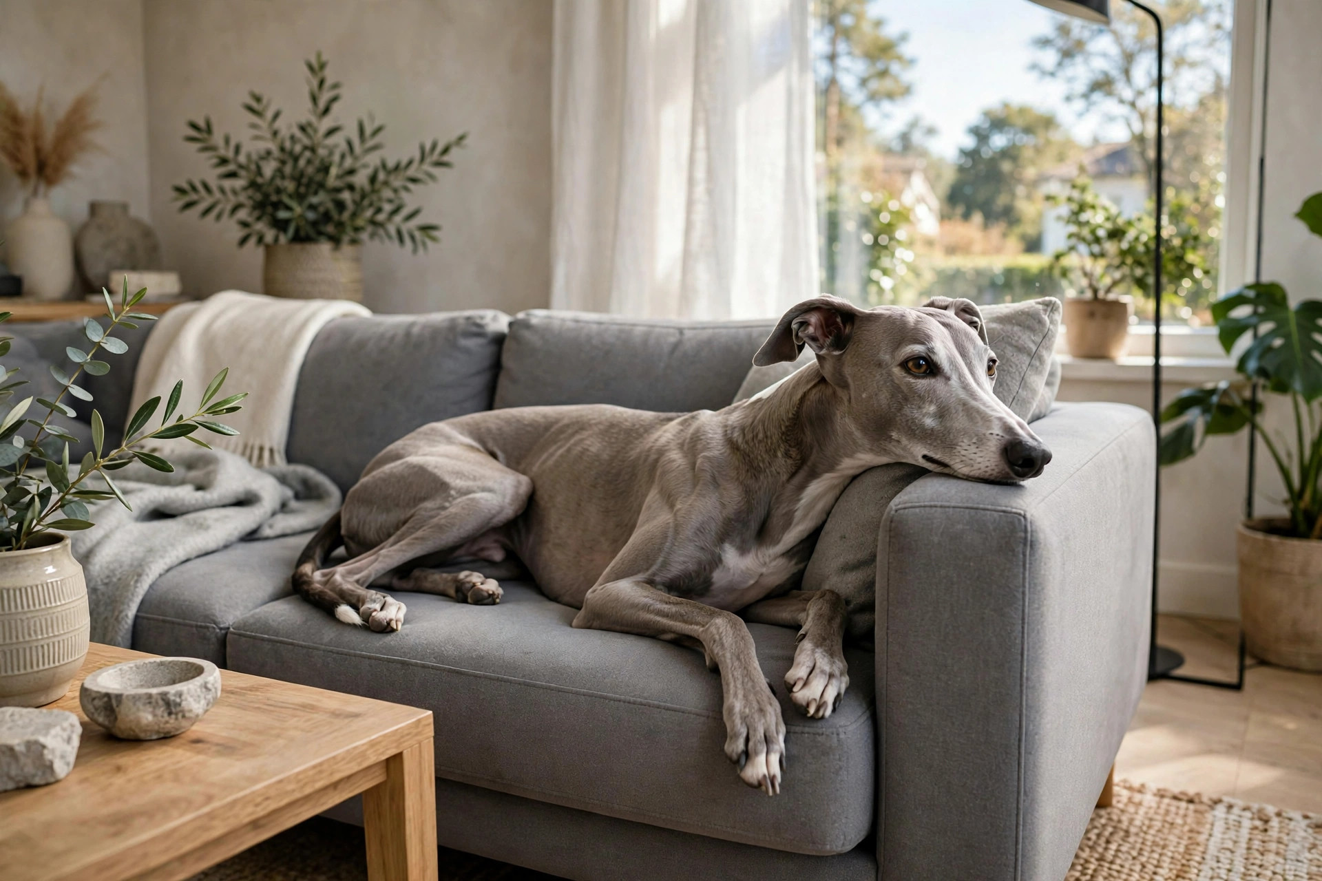 Elegant greyhound dog lounging calmly on a modern gray couch in a stylish living room