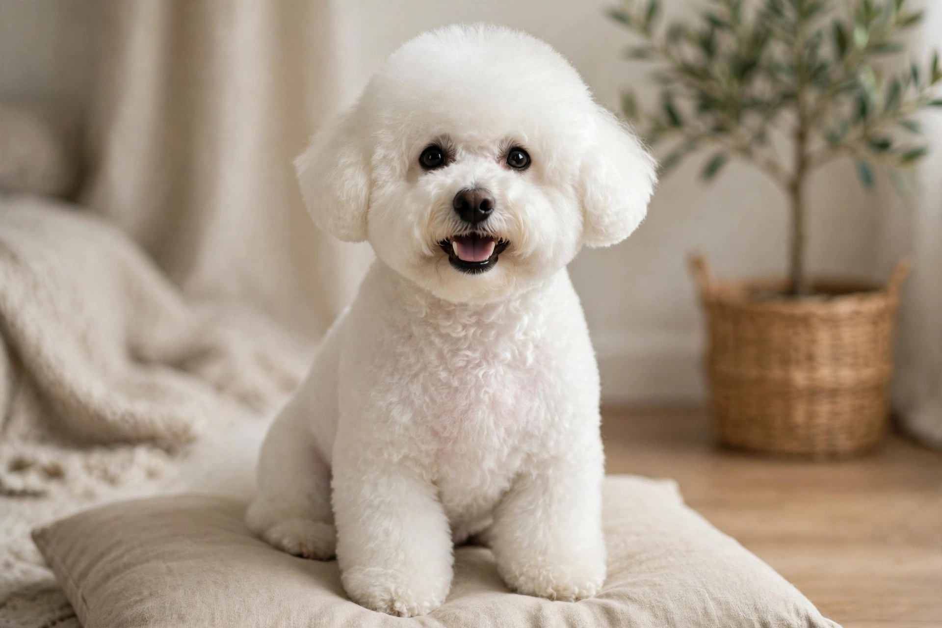Freshly groomed fluffy white dog sitting proudly after a home trim