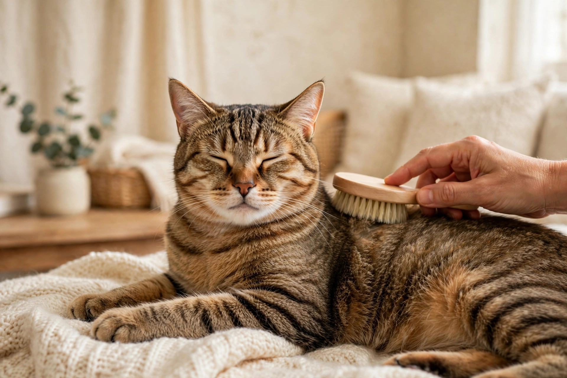 Tabby cat being gently brushed with a grooming brush in a cozy home