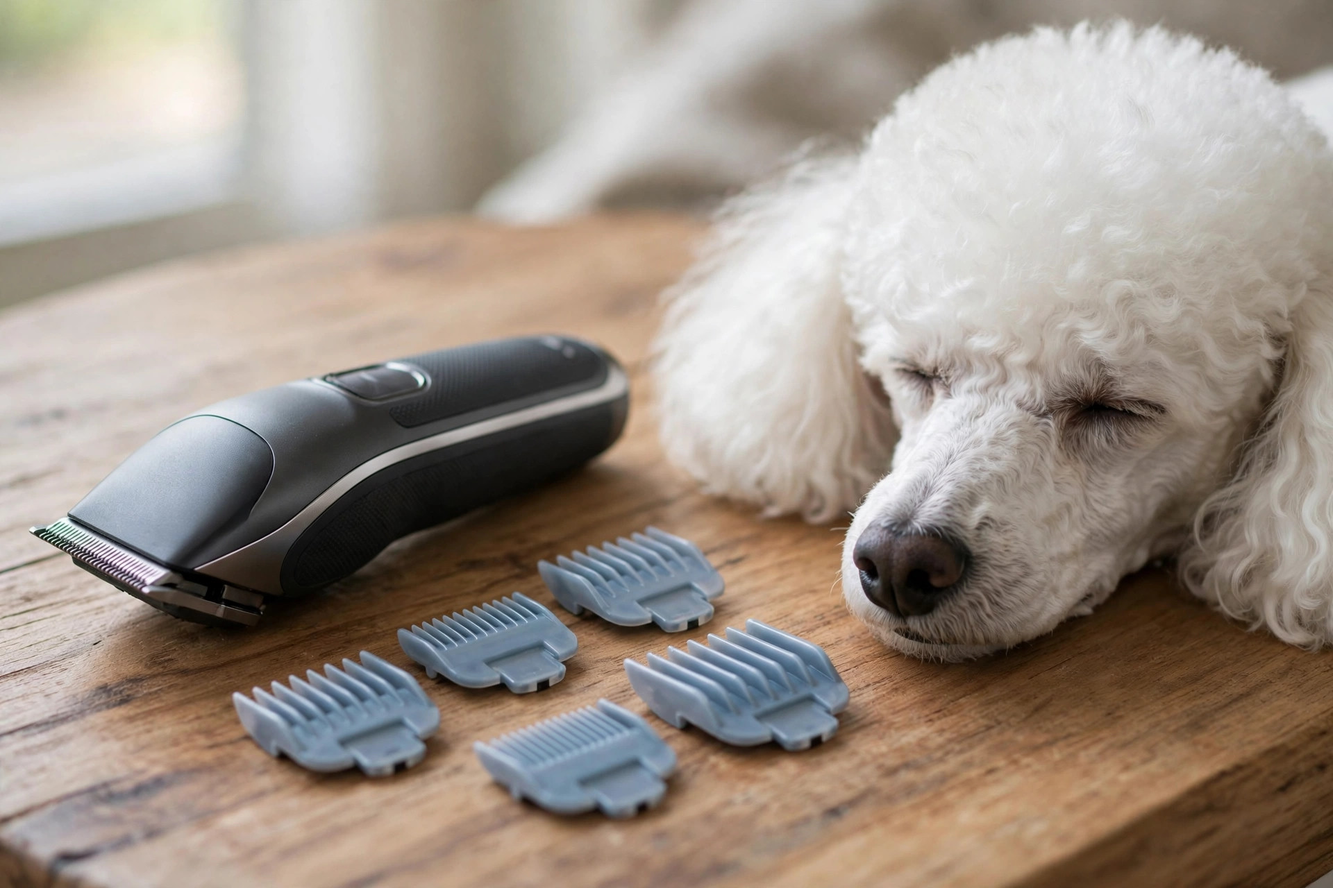 Cordless pet grooming clippers with guide combs beside a fluffy poodle