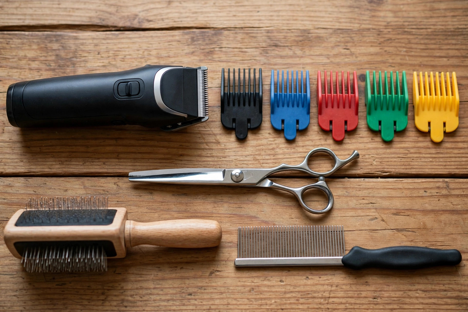 Dog grooming kit tools laid out: cordless clippers, guide combs, scissors and brush
