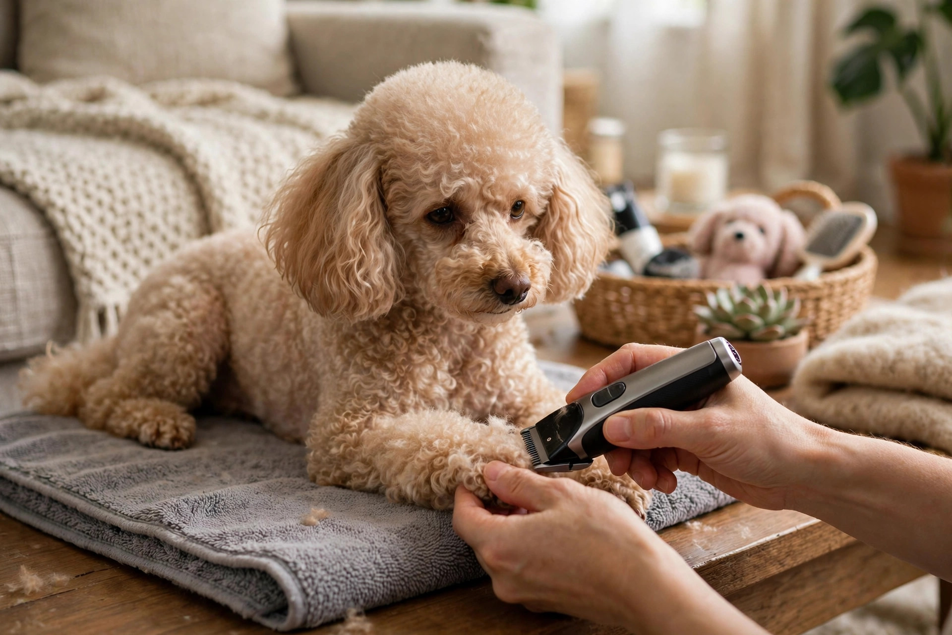 Gentle hands trimming a small poodle's paw with quiet pet clippers