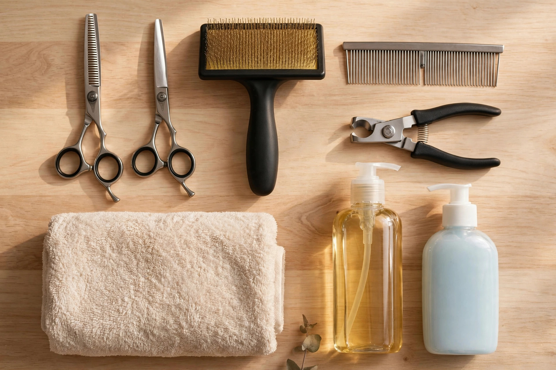 Professional dog grooming tools including scissors, brushes, nail clippers, and shampoo arranged on a table