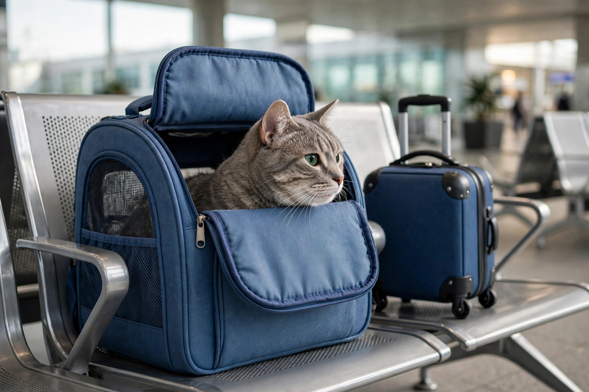 Tabby cat peeking out of a blue pet travel carrier on an airport terminal bench