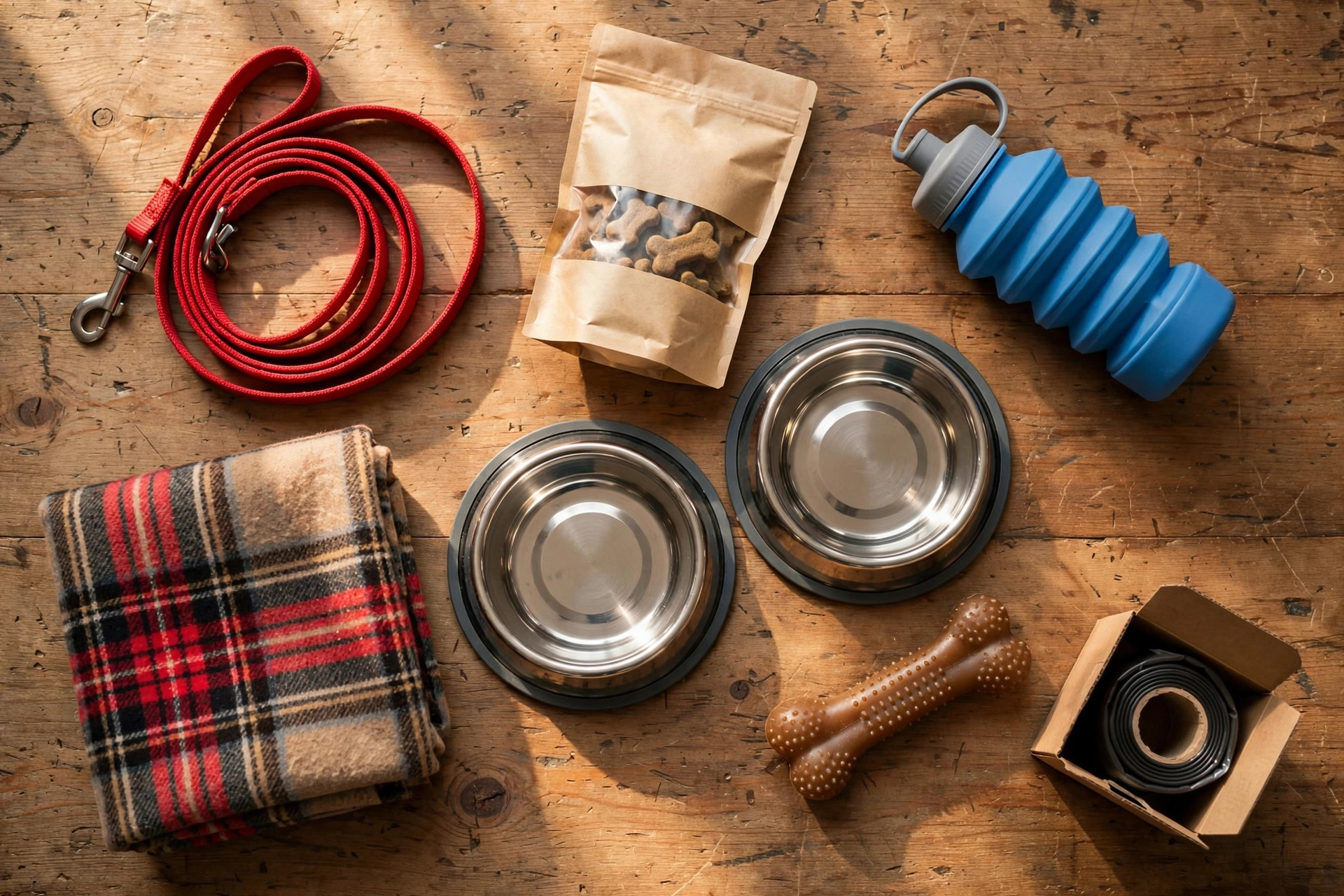 Flat lay of pet travel packing essentials: leash, food bowls, treats, toys, water bottle, and blanket