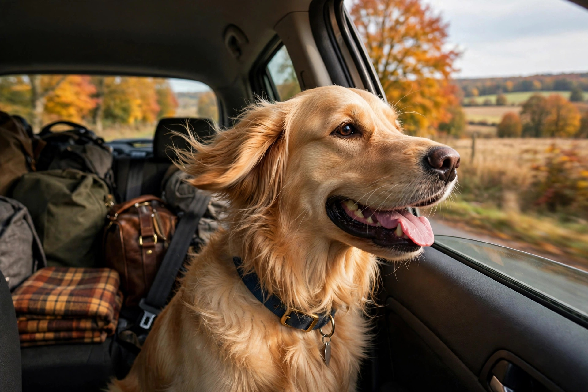 Golden retriever enjoying a car ride on a road trip with packed travel bags in the back seat