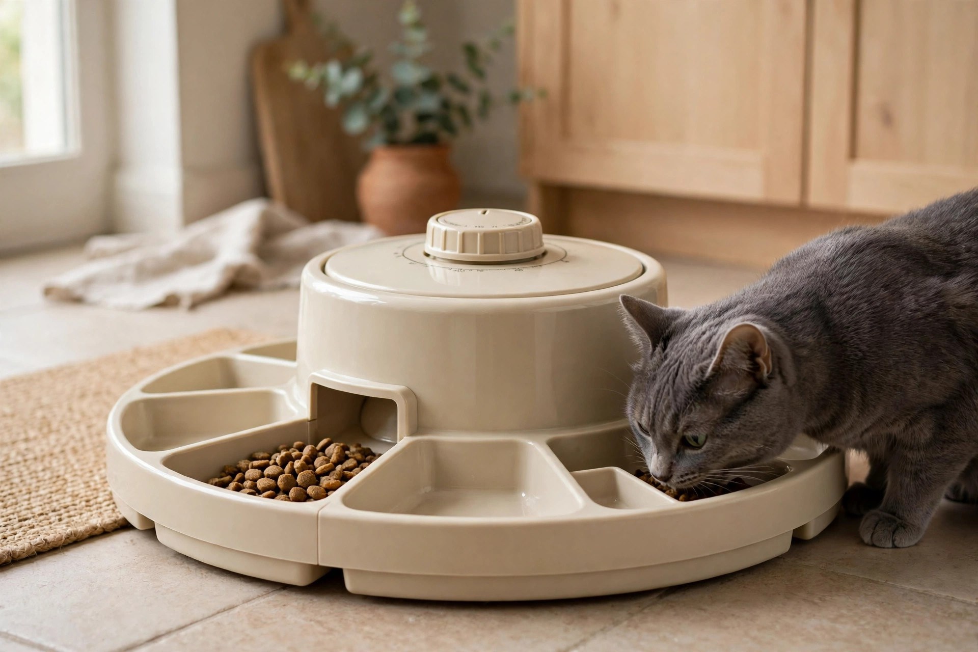 Gray cat eating from a classic rotating-tray timer pet feeder with a dial on top