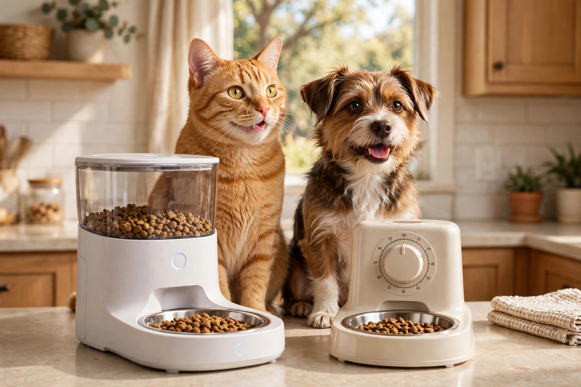 Cat and dog in front of a modern smart pet feeder and a simple timer feeder side by side