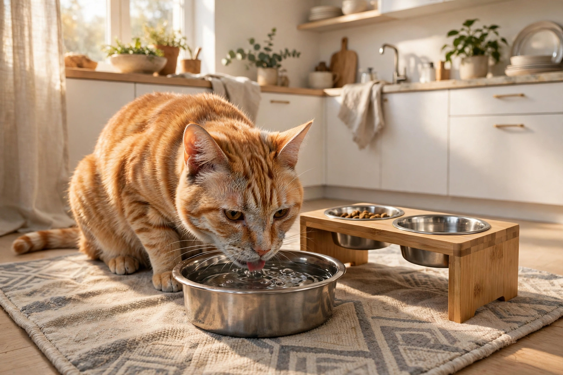 Senior orange cat drinking from a low stainless steel water bowl on a washable kitchen mat