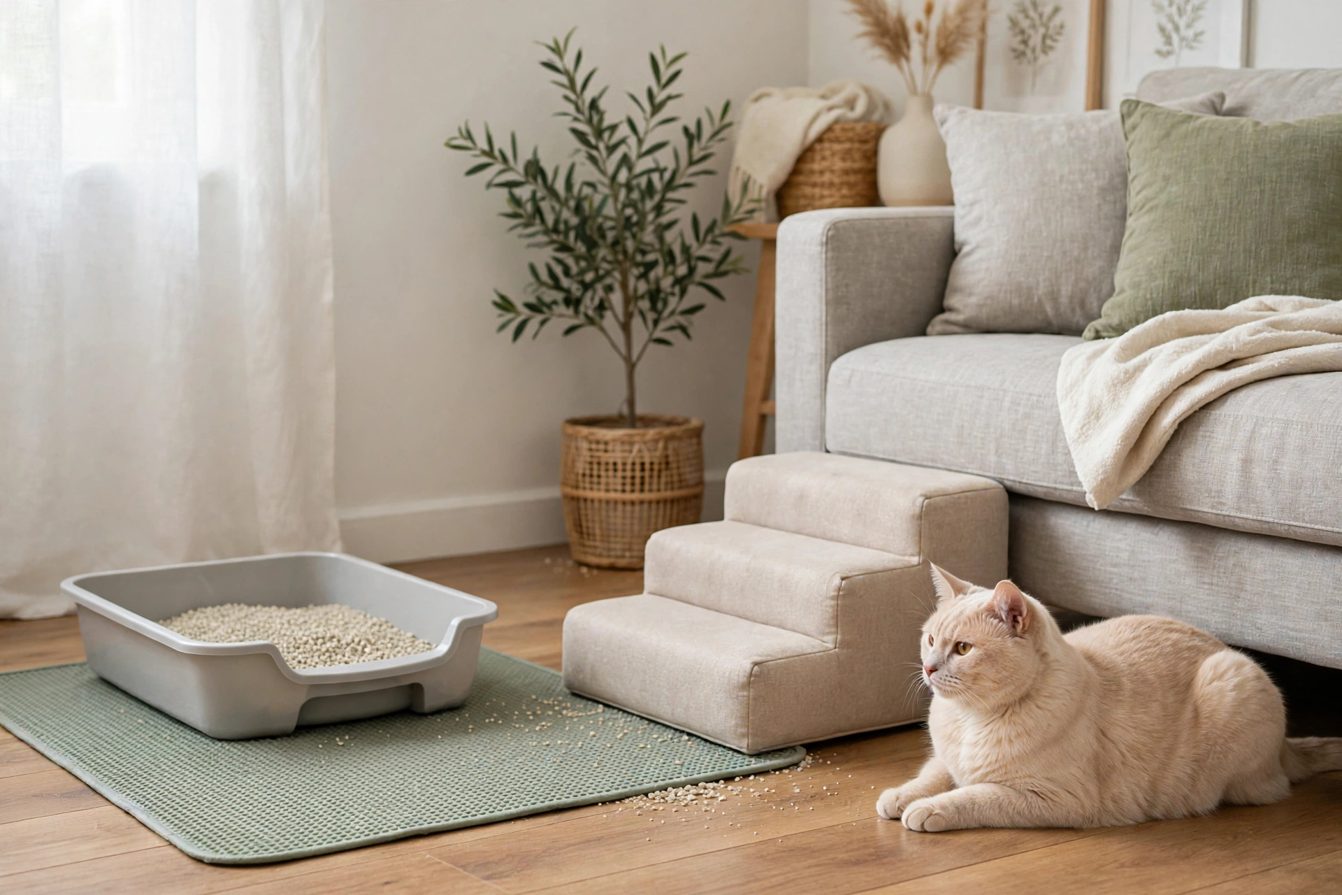 Low-entry open litter box on an easy-clean mat next to small pet steps by a couch