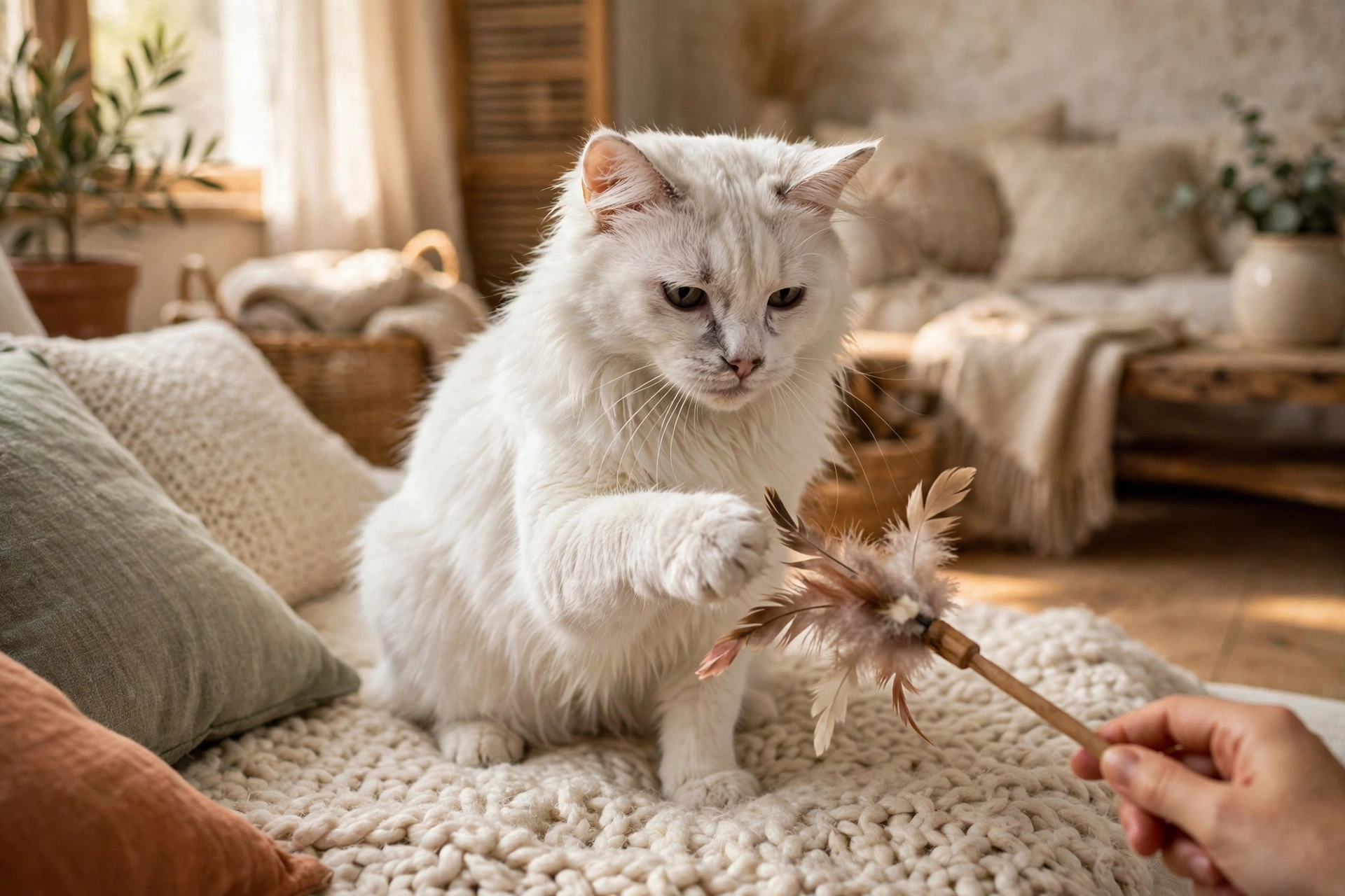 Elderly white cat gently playing with a feather wand toy on a soft rug